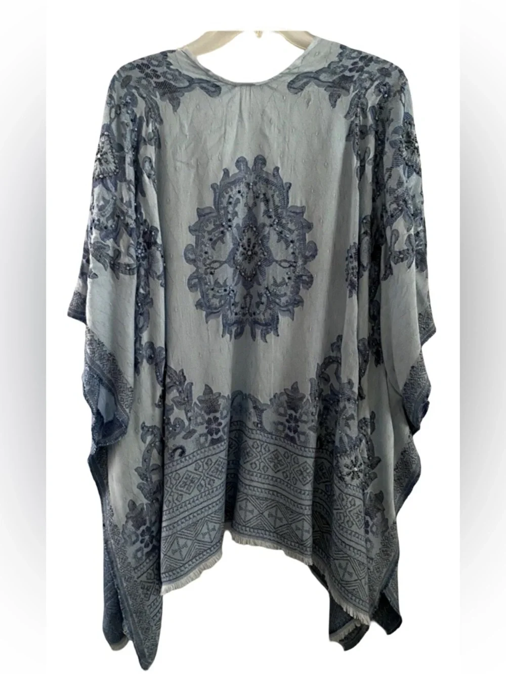 NWT Chico's Indigo Jacquard Ruana Beaded Open Poncho or Cover Up. OS